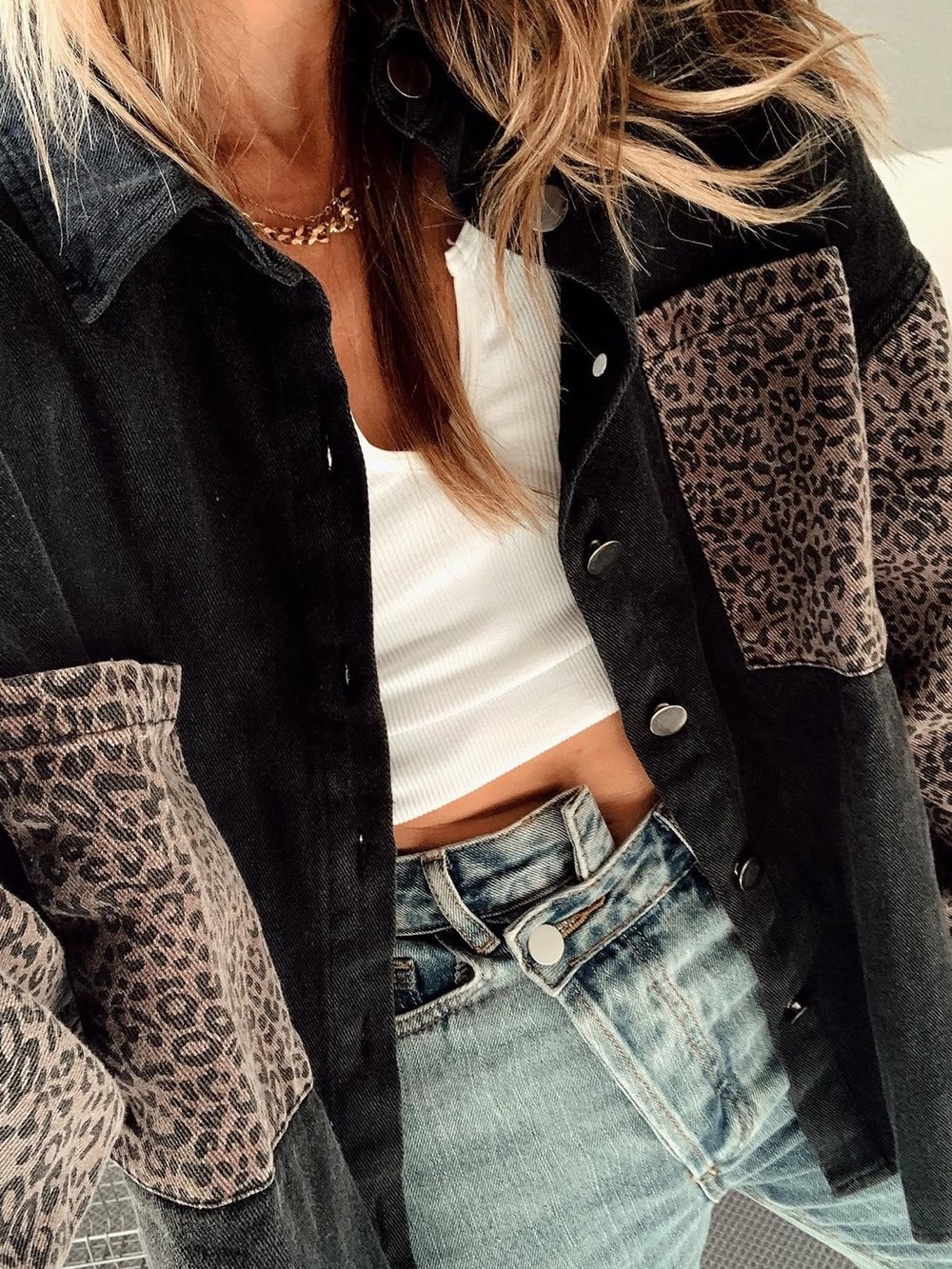 POL Black Denim Jacket with Leopard Patchwork